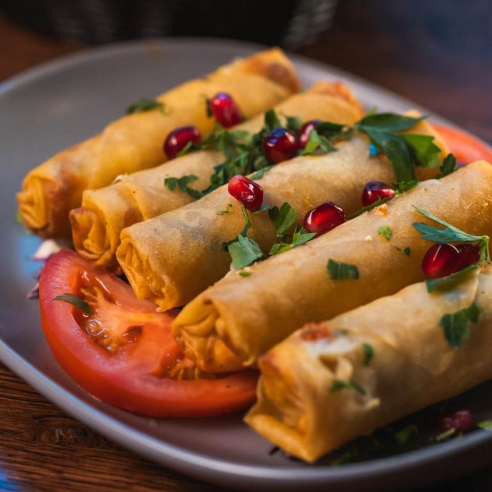 Crispy Mediterranean spring rolls, garnished with fresh parsley and pomegranate seeds, served on tomato slices.