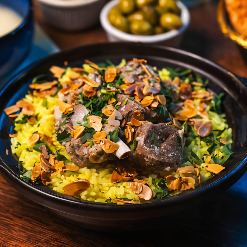 A Mediterranean dish with yellow rice, meat, fresh herbs, and toasted almonds in a black bowl.
